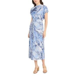 Luxely Printed Short Sleeve Gathered Midi Dress Size 12 Blue/Gray Zippered Back